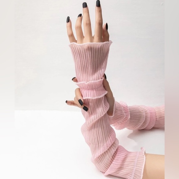 Pink Sheer Ruched Look Pull Up Arm Sleeves Glove - Picture 4 of 5